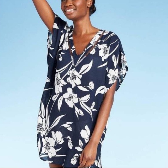 Kona Sol Floral Navy Swim Beach Cover-Up, size XL - Picture 2 of 9